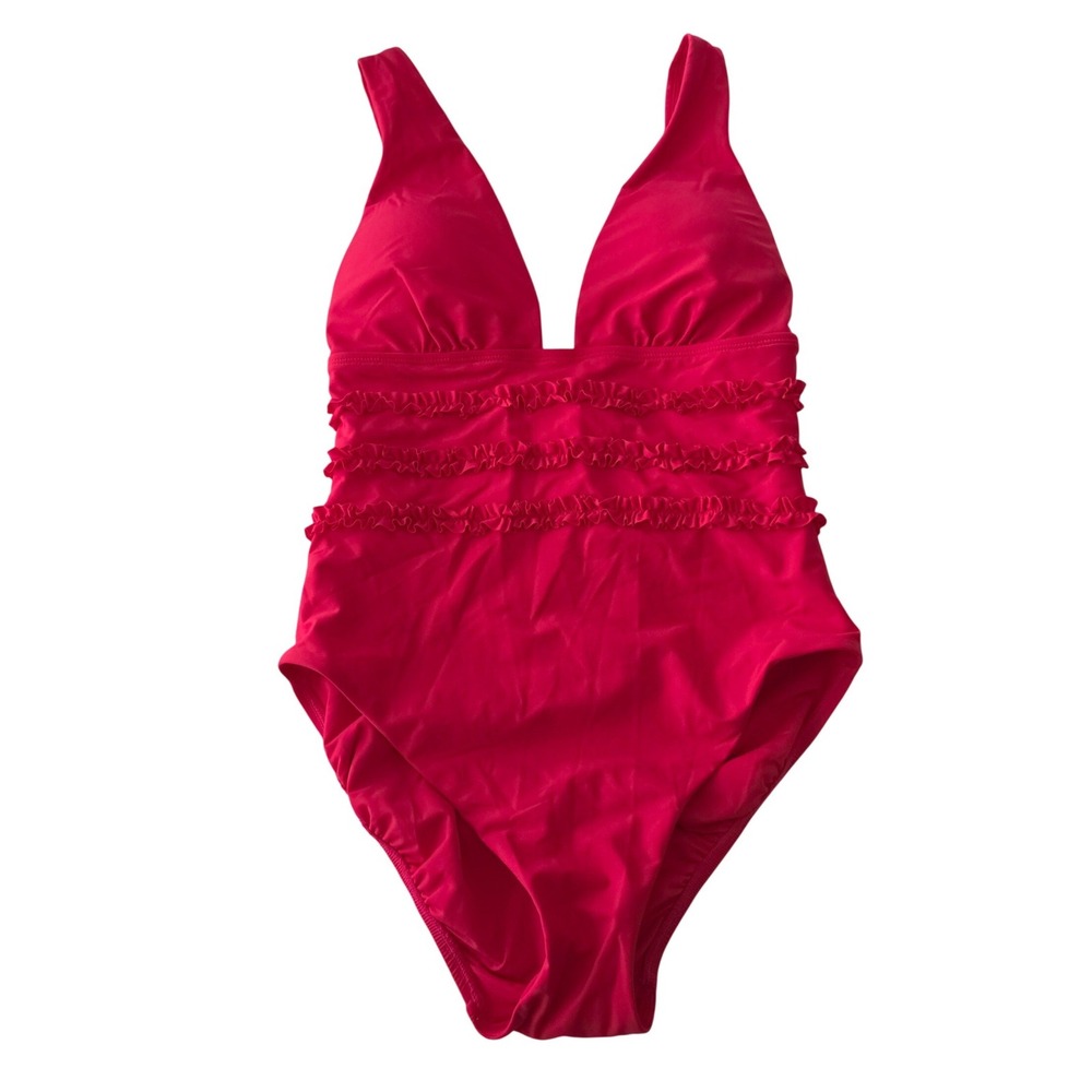 Mimi Flamingo Womens One Piece Swimsuit Pink Ruffle V-Neck 900050231 DEFECT Sz 4